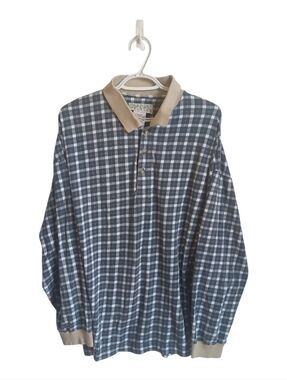 Vintage 90s Ash Creek Blue Plaid Long-Sleeve Polo Shirt with Tan Collar Grunge